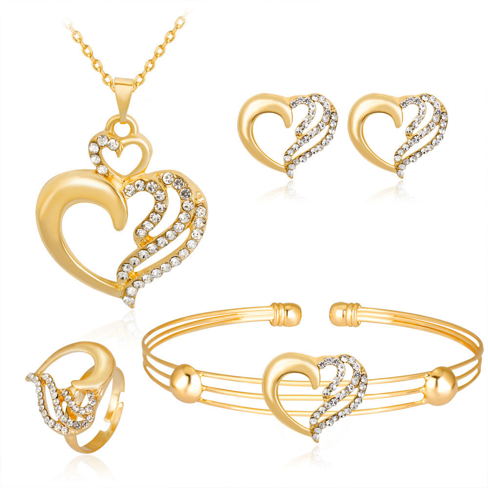 Exquisite Alloy Diamond-embedded Love Necklace Earrings Four-piece Set Cute Exquisite Hollow All-match Necklace Set