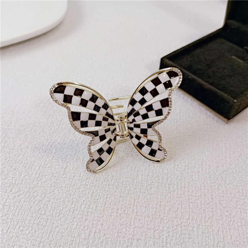 Fashion Design Pleated Black And White Checkerboard Butterfly Hair Clip