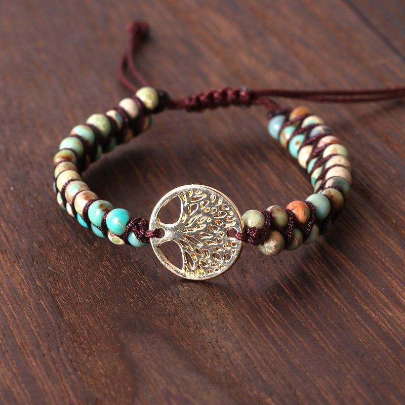 Bead Tree Charm Double String Braided Yoga Bracelet