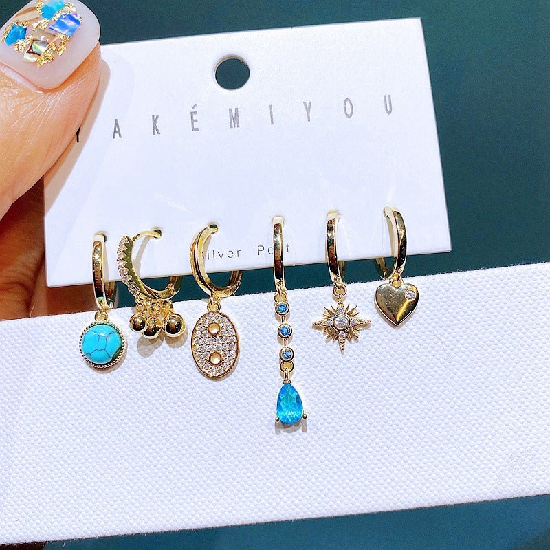 European And American Fashion Turquoise Geometric Star Earrings Set