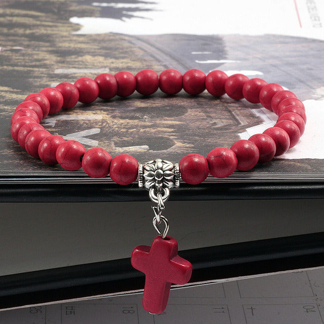 Vintage Cross Natural Stone Bracelet