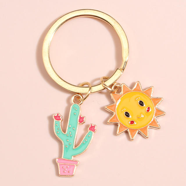 Cute Keychain Sun Cactus Flower Keyring Letter Plants