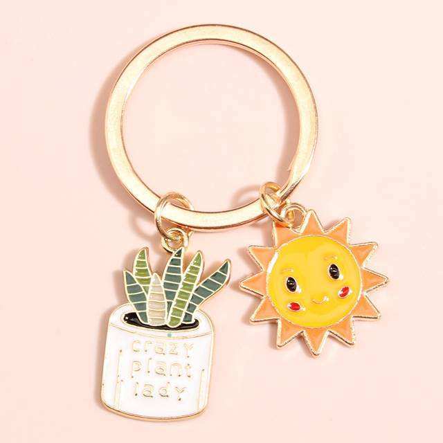 Cute Keychain Sun Cactus Flower Keyring Letter Plants