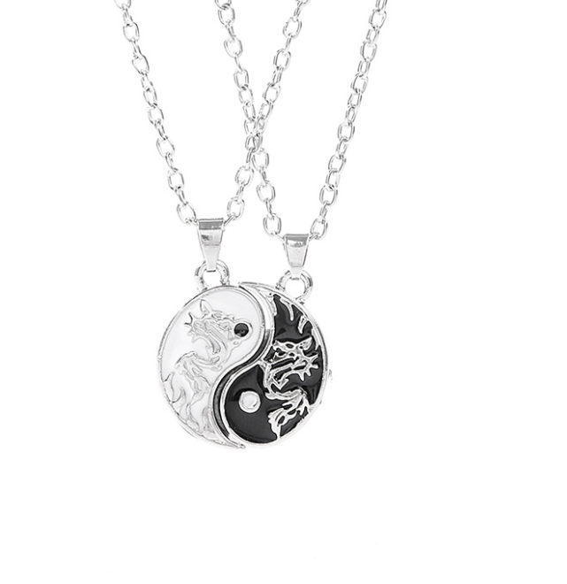 Black And White Double Dragon Retro Couple Stitching Necklace