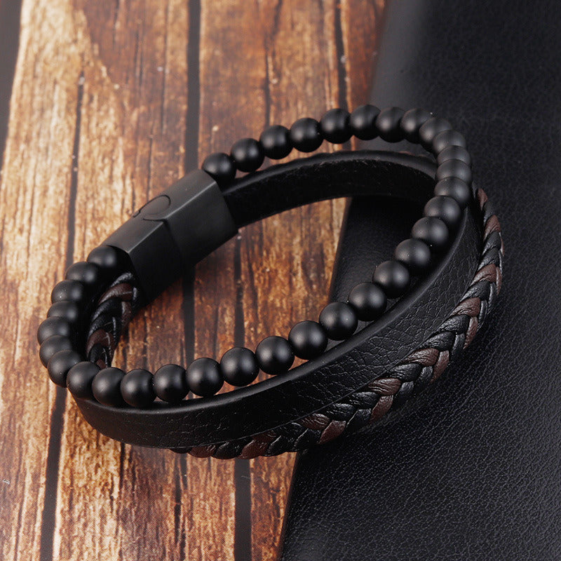 Natural Stone Lava Stone Bracelet Stainless Steel Leather