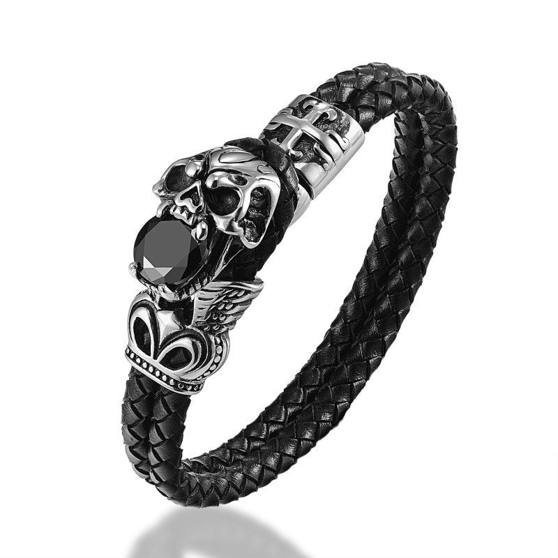 Men's Leather Bracelet Braided Rope Skull