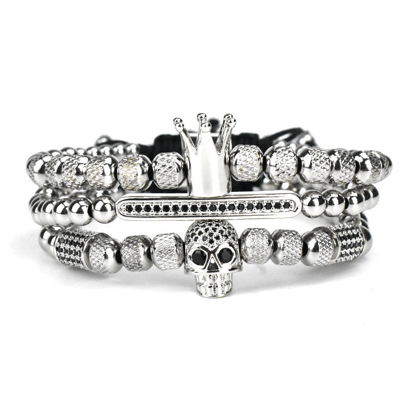 Men's Retro Crown Ghost Head Braided Stainless Steel Skull Bracelet Set