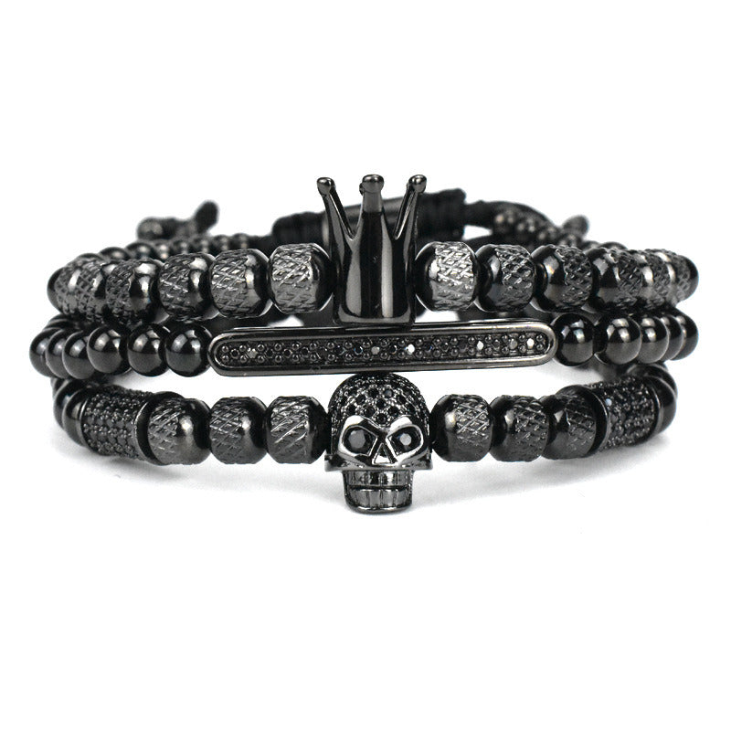 Men's Retro Crown Ghost Head Braided Stainless Steel Skull Bracelet Set