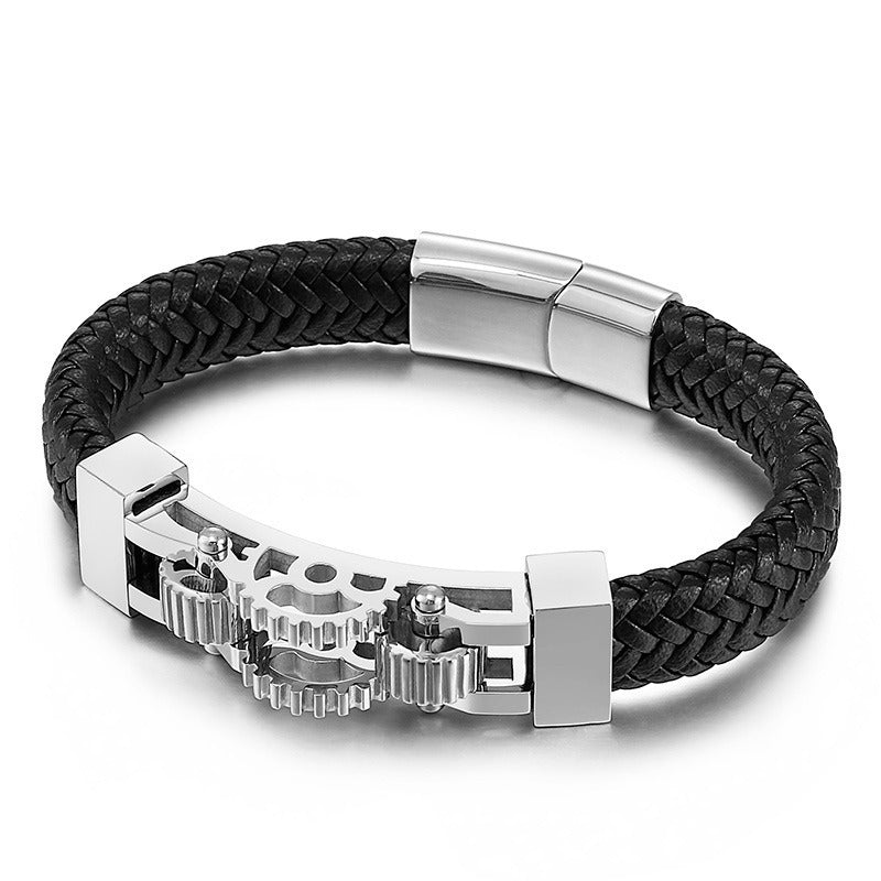 Men's Titanium Steel Biker Bracelet Gear Braided Leather