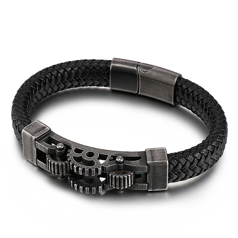 Men's Titanium Steel Biker Bracelet Gear Braided Leather