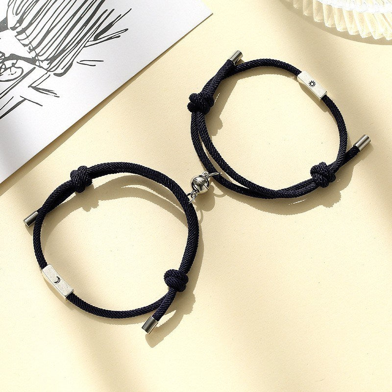 Simple Retro Alloy Sun And Moon Couple Magnet Attract Bracelet