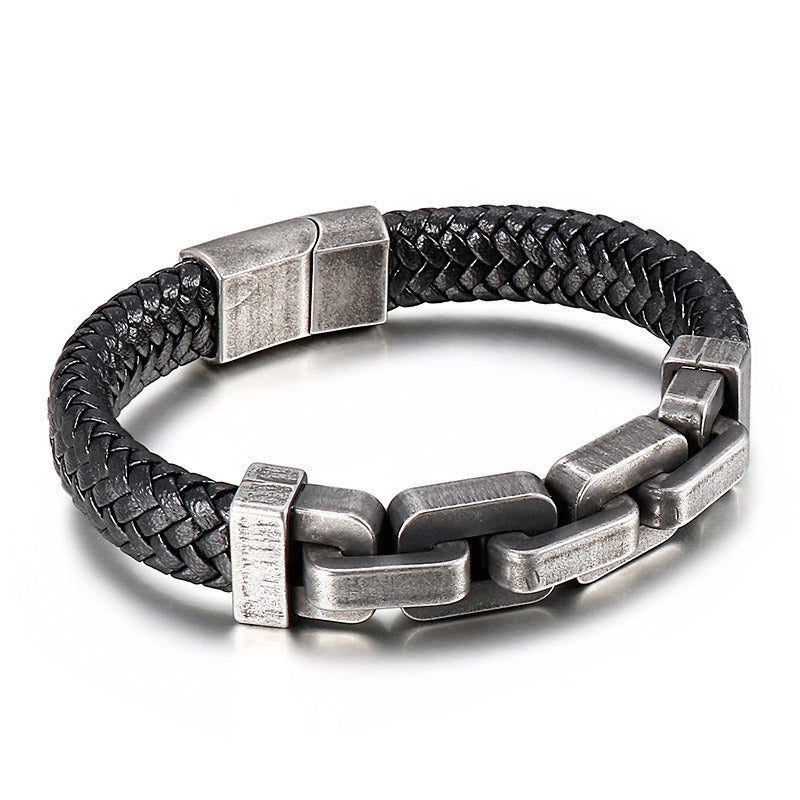 Men's Titanium Steel Cowhide Braided Bracelet Jewelry