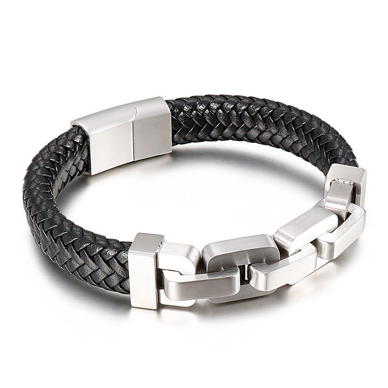 Men's Titanium Steel Cowhide Braided Bracelet Jewelry