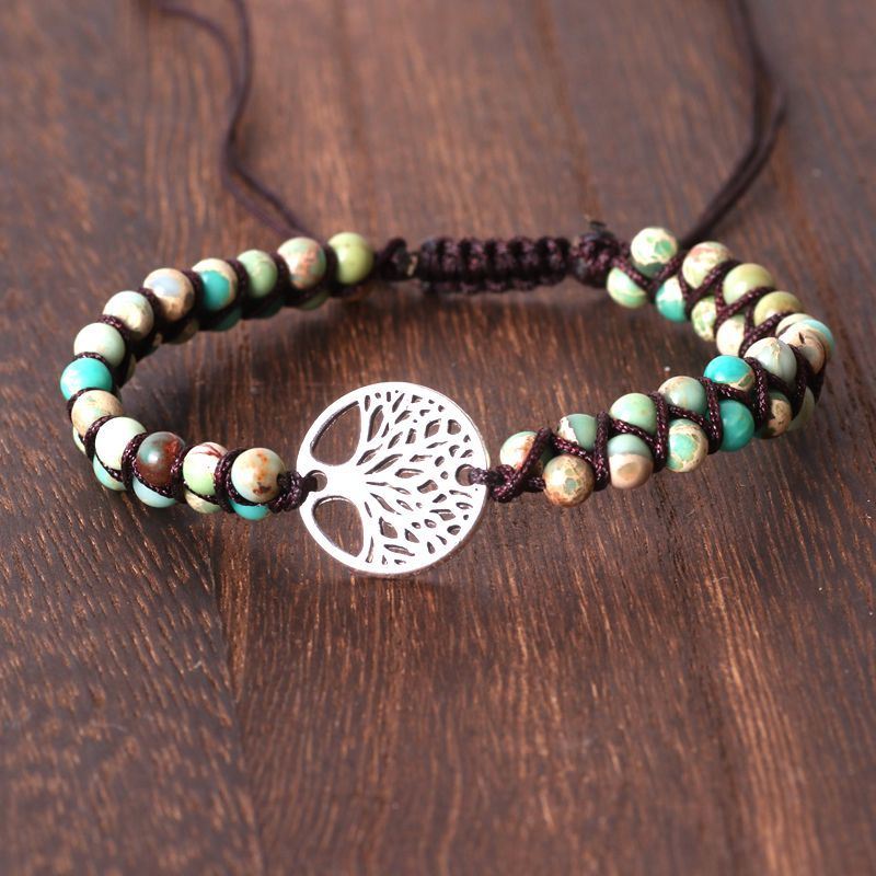 Bead Tree Charm Double String Braided Yoga Bracelet