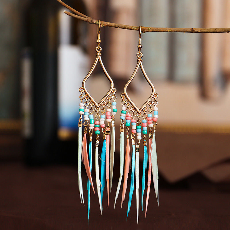 Ornament Colorful Beads Tassel Feather Earrings Women Bohemian Style Cross-border Earrings European And American Jewelry