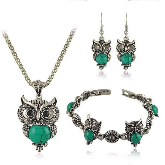 Turquoise Jewelry Set Vintage Imitation Thai Silver Owl Three-piece Set Chain