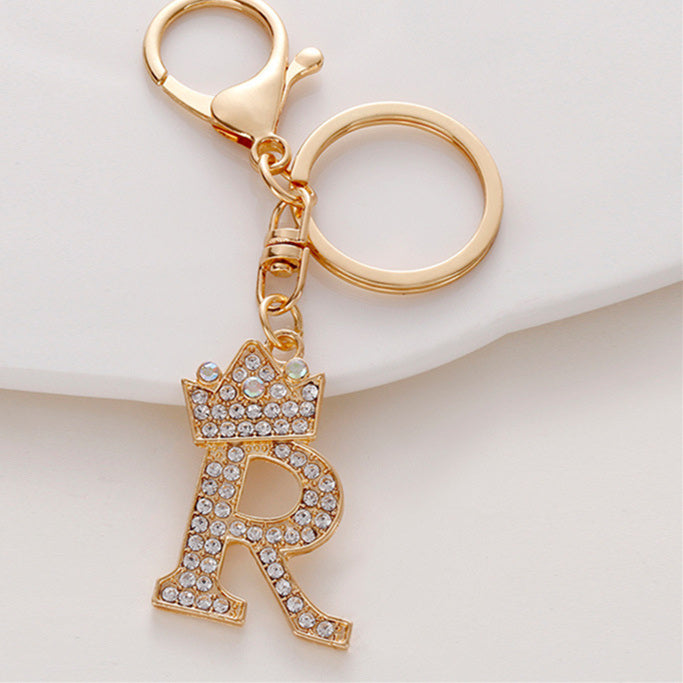 Metal Diamond-encrusted 26 English Crown Alphabet Keychain