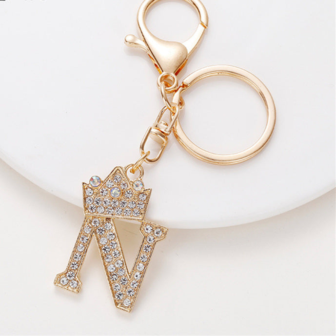 Metal Diamond-encrusted 26 English Crown Alphabet Keychain