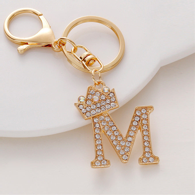 Metal Diamond-encrusted 26 English Crown Alphabet Keychain