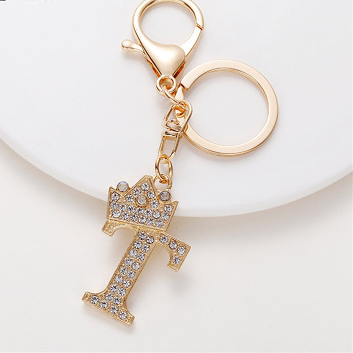 Metal Diamond-encrusted 26 English Crown Alphabet Keychain