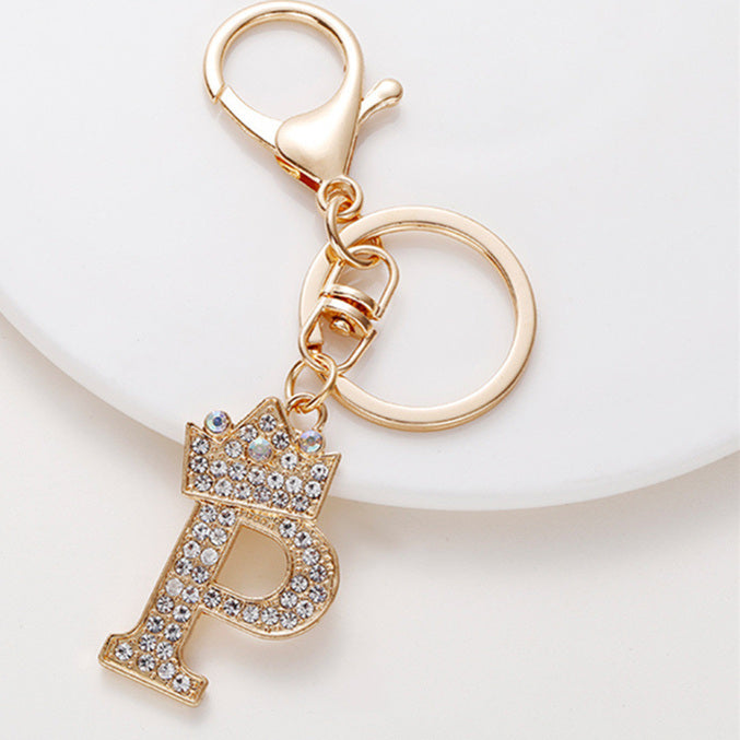 Metal Diamond-encrusted 26 English Crown Alphabet Keychain