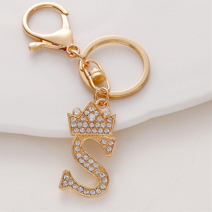 Metal Diamond-encrusted 26 English Crown Alphabet Keychain