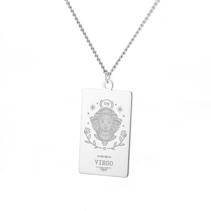 Stainless Steel Square Twelve Constellations Tarot Totem Hanging Tag Necklace