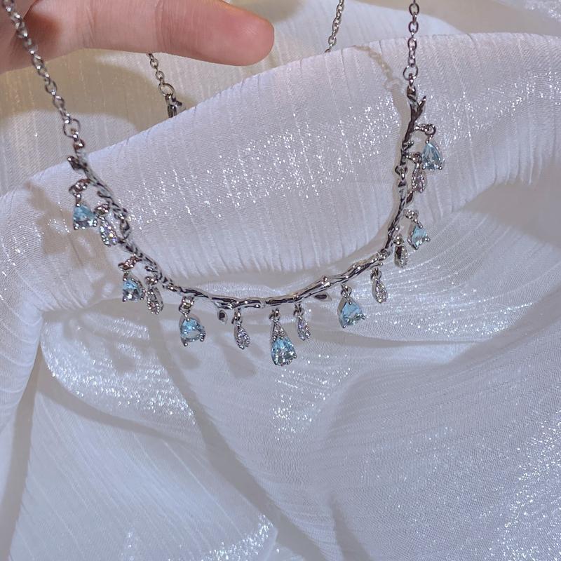 Silver Water Drop Blue Zircon Pendant