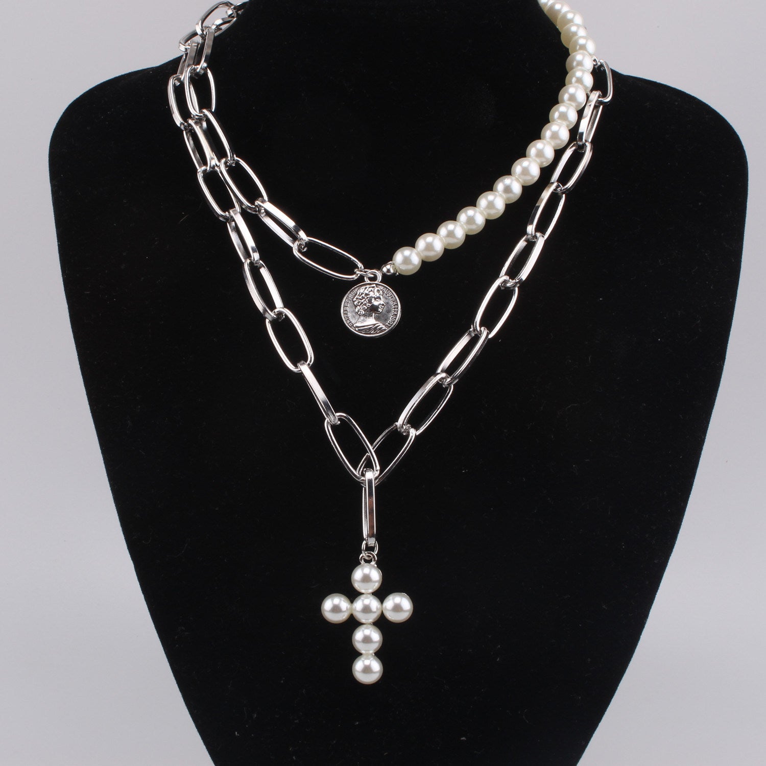 Vintage Pearl Cross Coin Pendant Necklace Women's Short Neck Chain