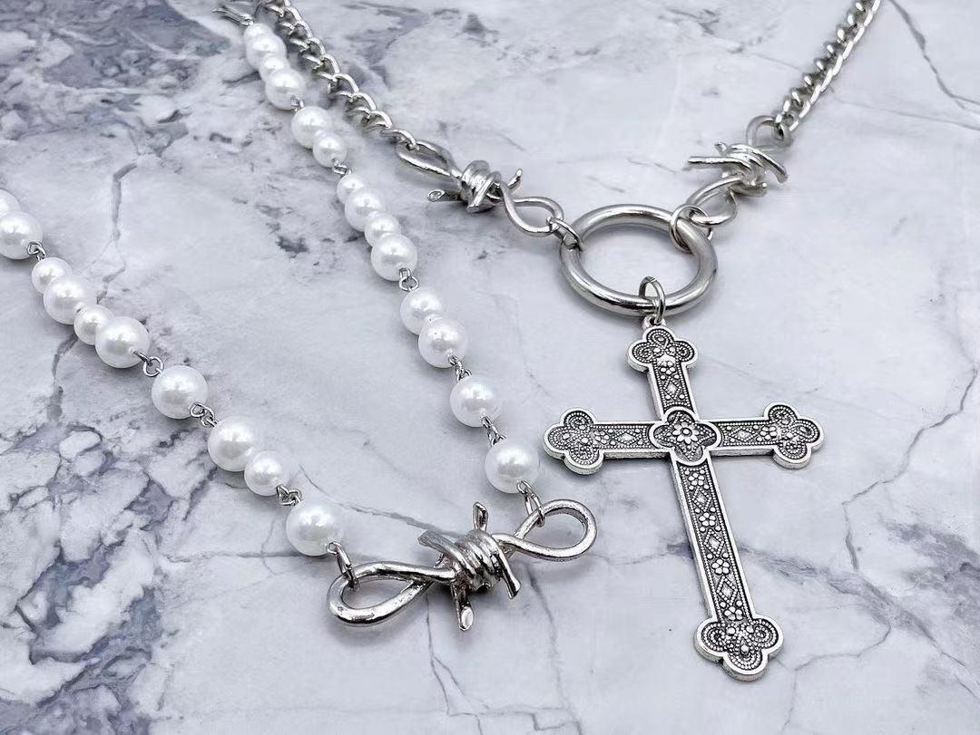 Vintage Pearl Cross Coin Pendant Necklace Women's Short Neck Chain