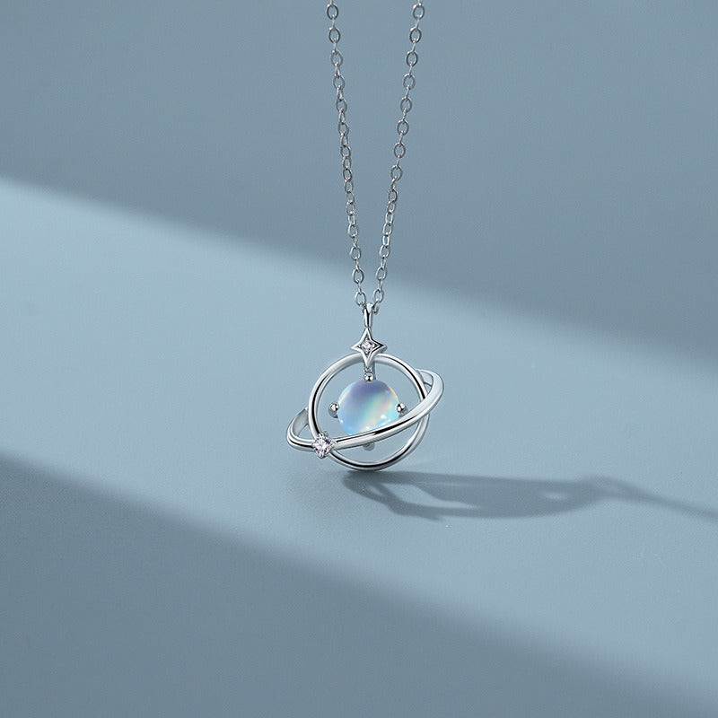 Sterling Silver Moonstone Planet Necklace Female Simple Temperament Asteroid Clavicle Chain