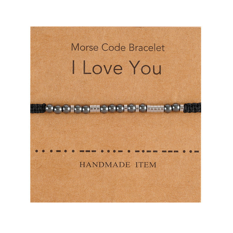 Stainless Steel Black Gallstone Beaded Couple Hand Woven Card Morse Code Bracelet