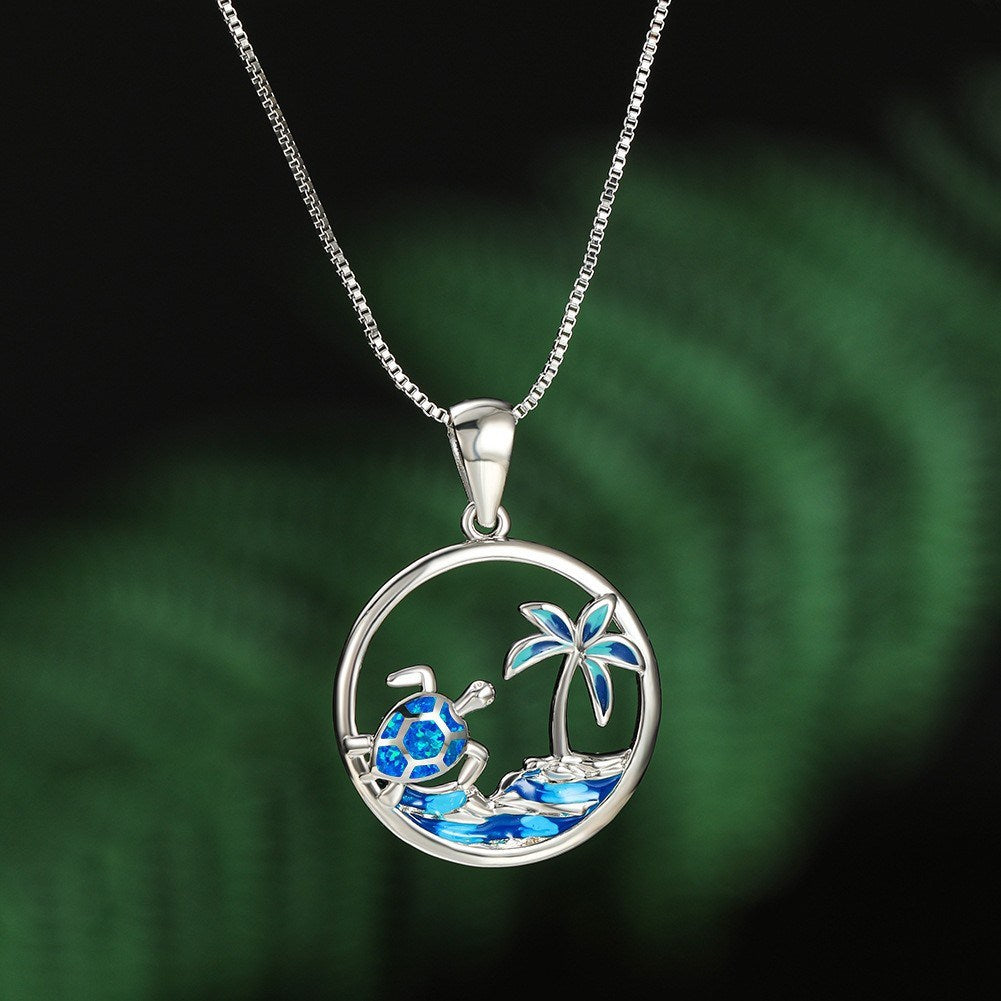 European And American White Gold Blue Aobao Turtle Palm Tree Necklace