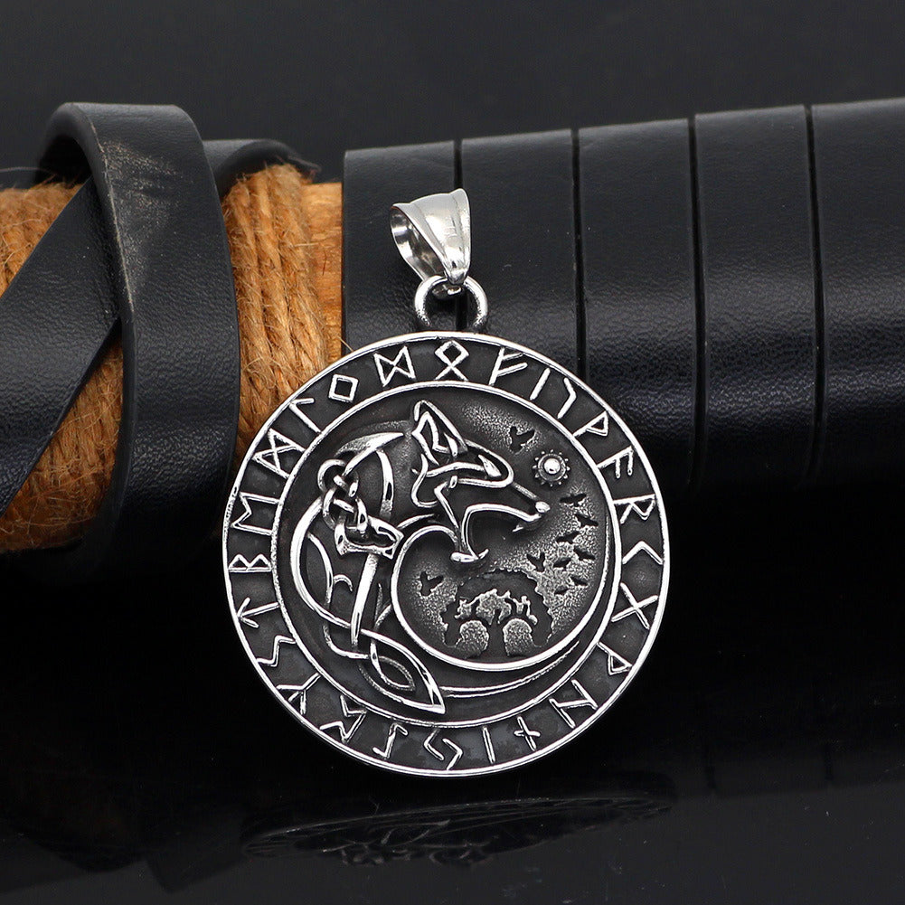 Mens Fashion Viking Wolf Head Rune Pendant Necklace