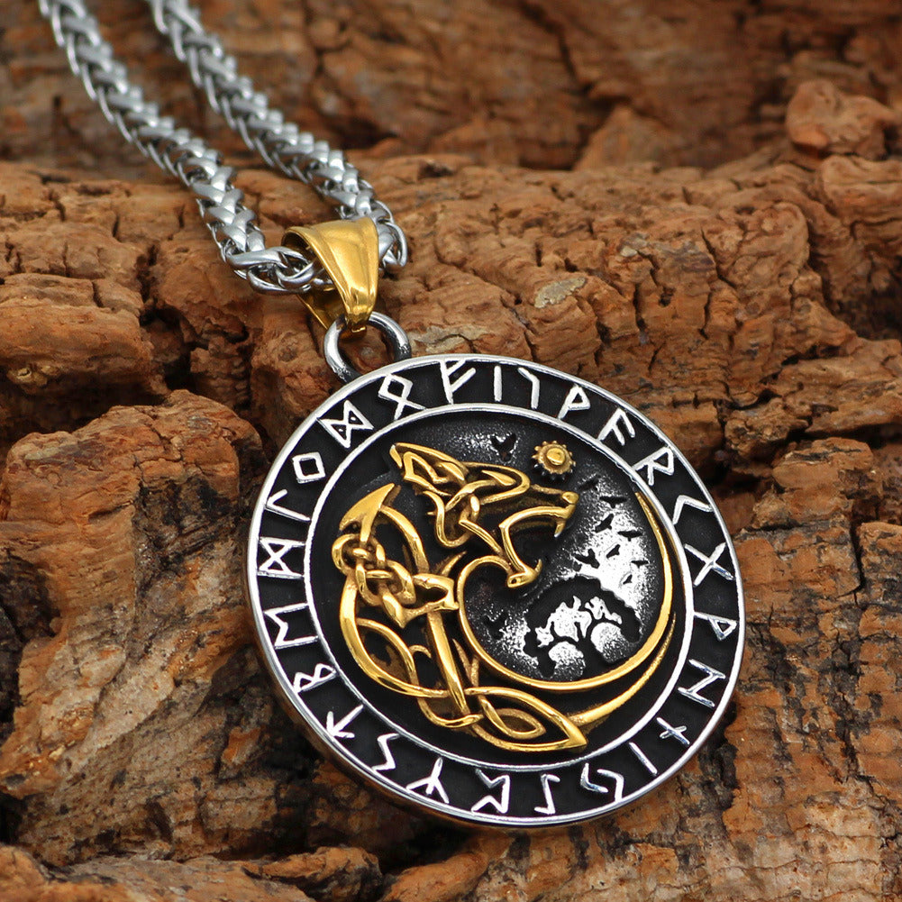 Mens Fashion Viking Wolf Head Rune Pendant Necklace