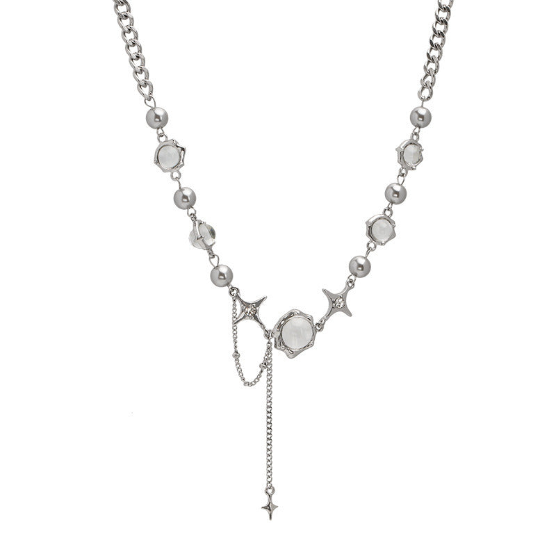 Moonlight Zirconia Cross Tassel Titanium Necklace