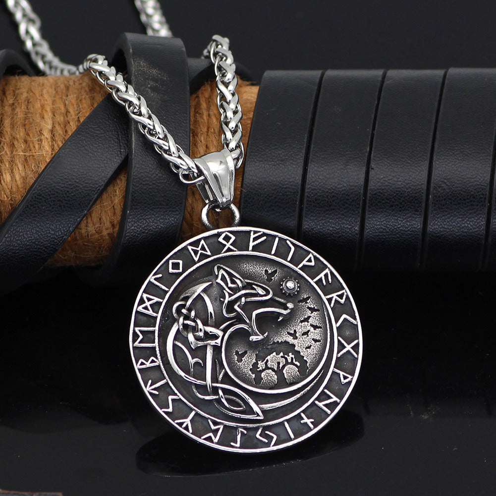 Mens Fashion Viking Wolf Head Rune Pendant Necklace