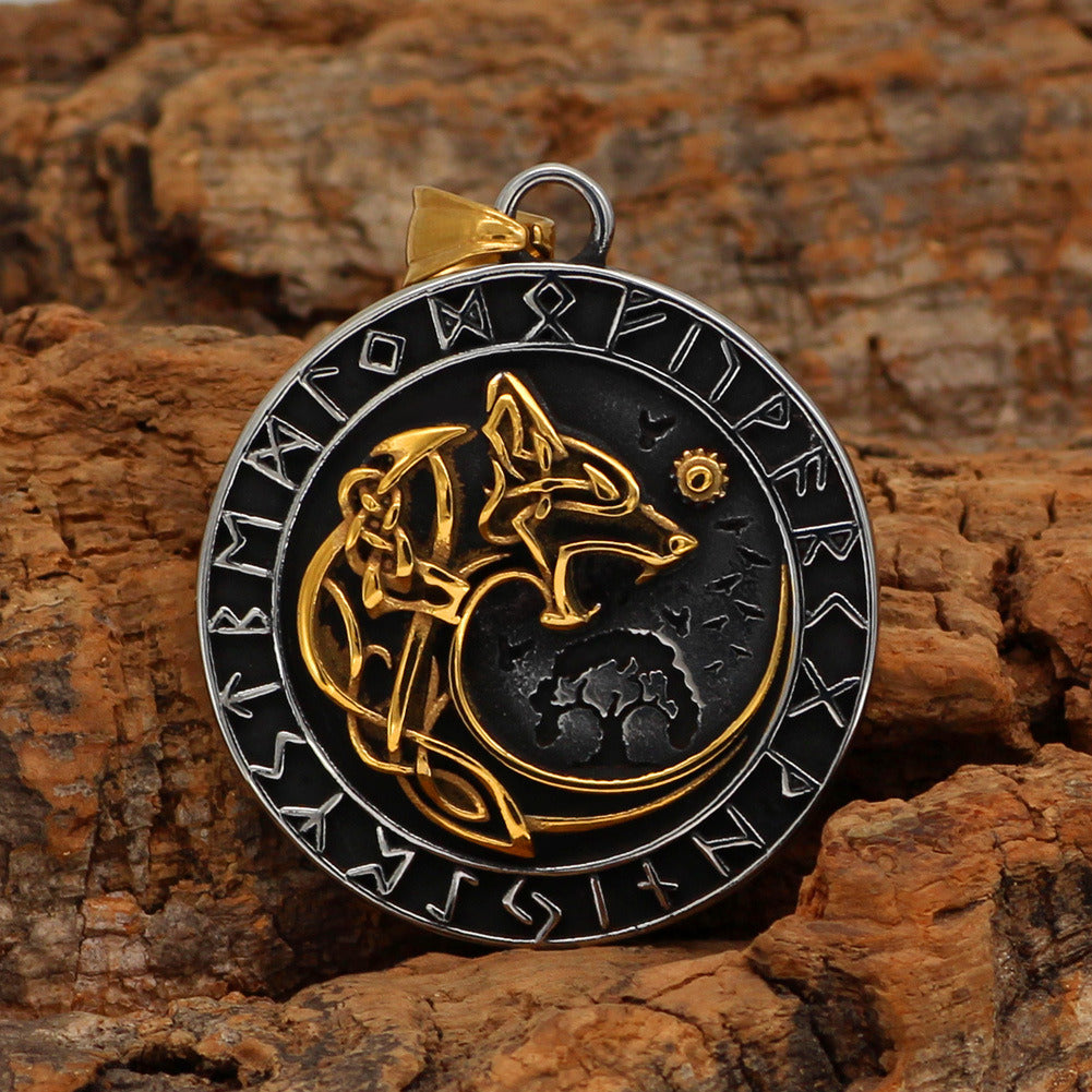 Mens Fashion Viking Wolf Head Rune Pendant Necklace