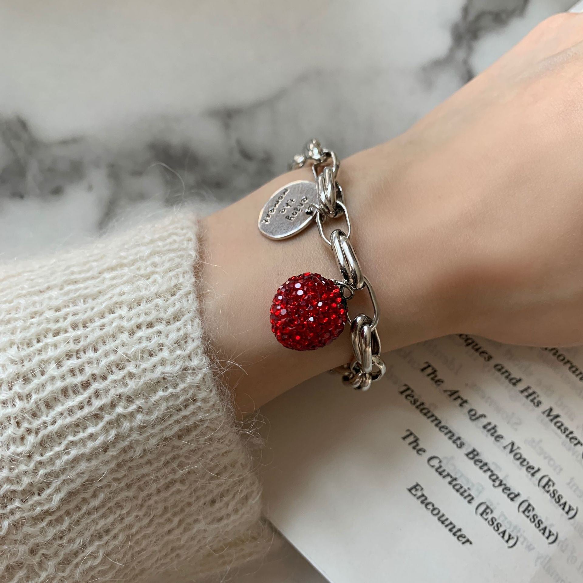 Fashion Strawberry Crystal Bear English Tag Bracelet