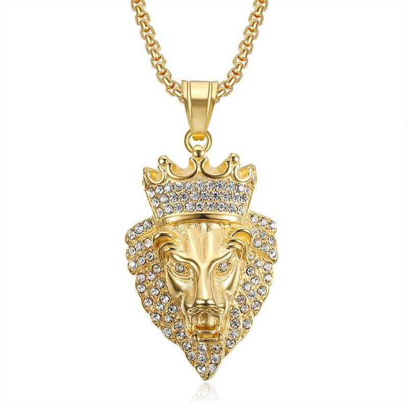 Gilded Rhinestone Crown Lion Head Pendant