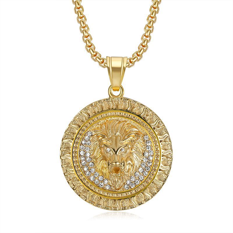 Stainless Steel Vacuum Gold Plated Dotted Diamond Flame Pattern Lion Head Pendant Necklace