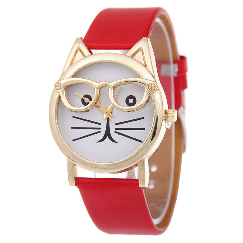 Cartoon Watch With Glasses Cat Student Belt Watch Women's Quartz Watch Gift Watch