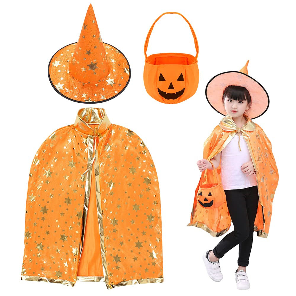 Children's Wizard Halloween Costume Cape, Hat, and Candy Bag Included for Cosplay Fun