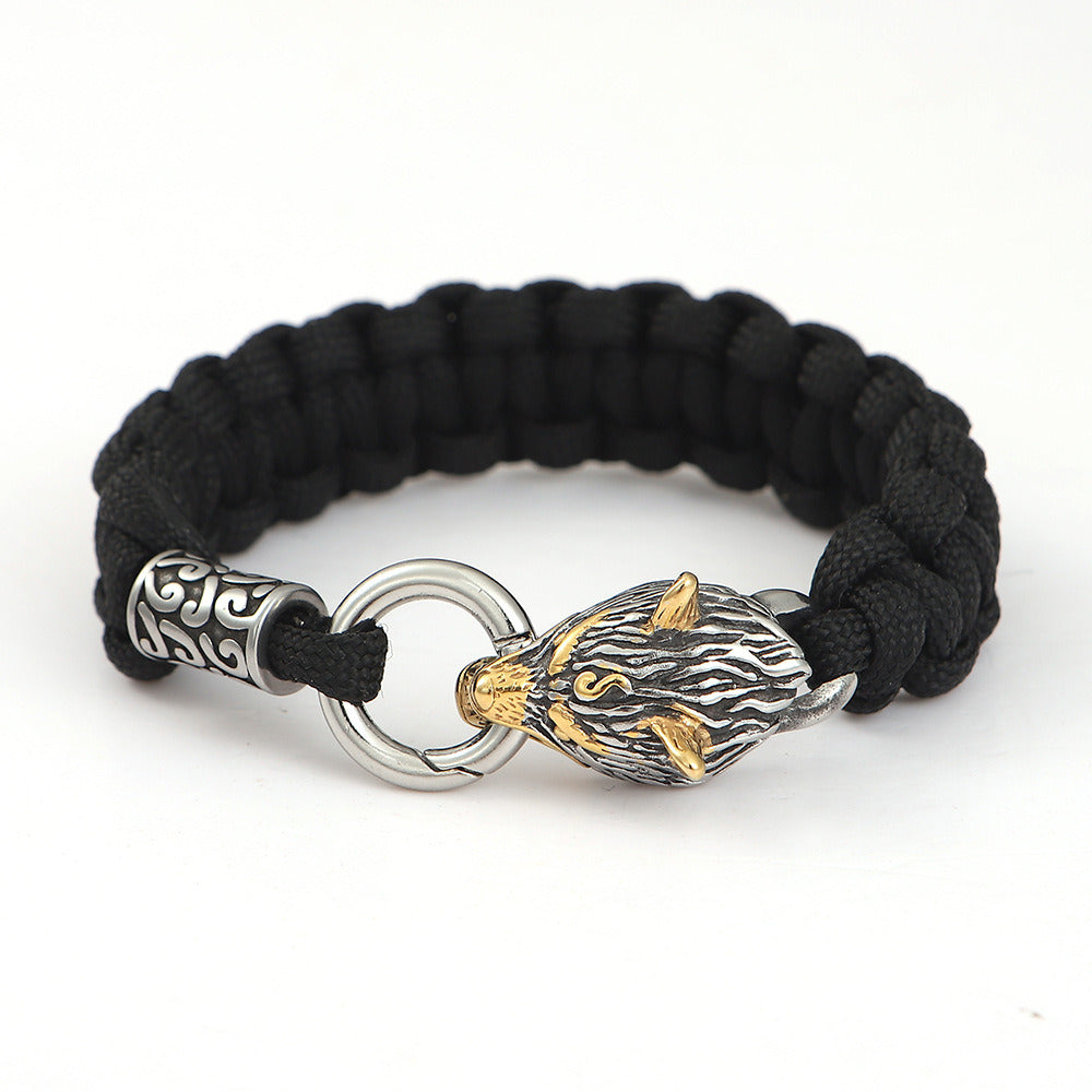 Norse Viking Mythology Stainless Steel Paracord Wolf Head Bracelet