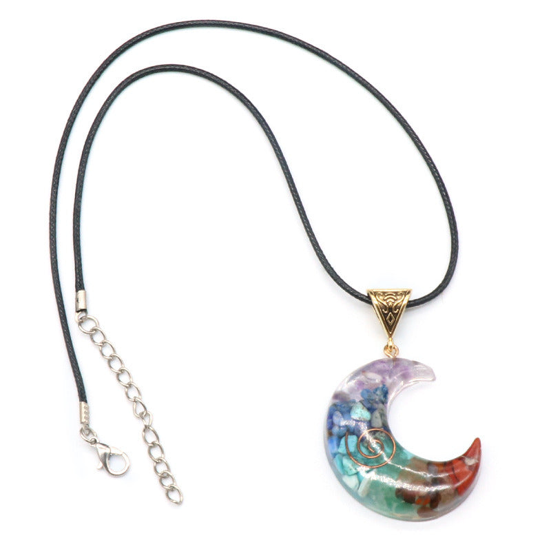 Colorful Gravel Resin Moon Pendant Necklace