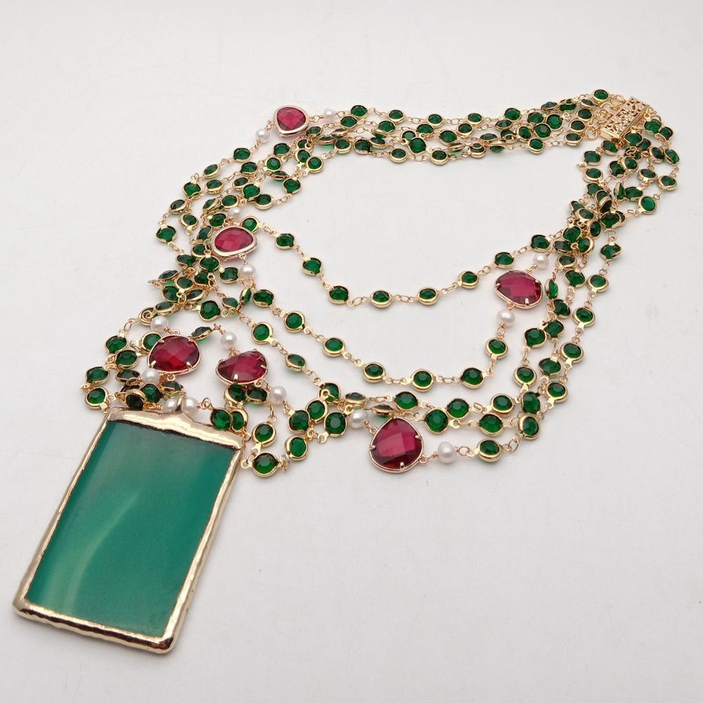 Green Onyx Pendant 5 Strand White Pearl Necklace