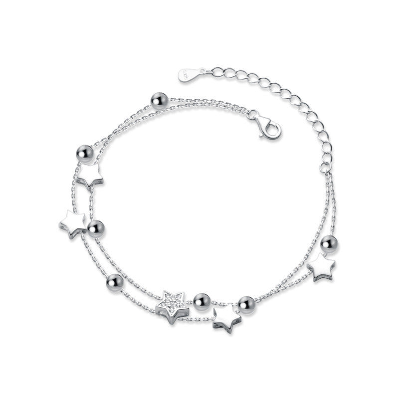 Silver-Plated Pentagram And Diamond Double Bracelet