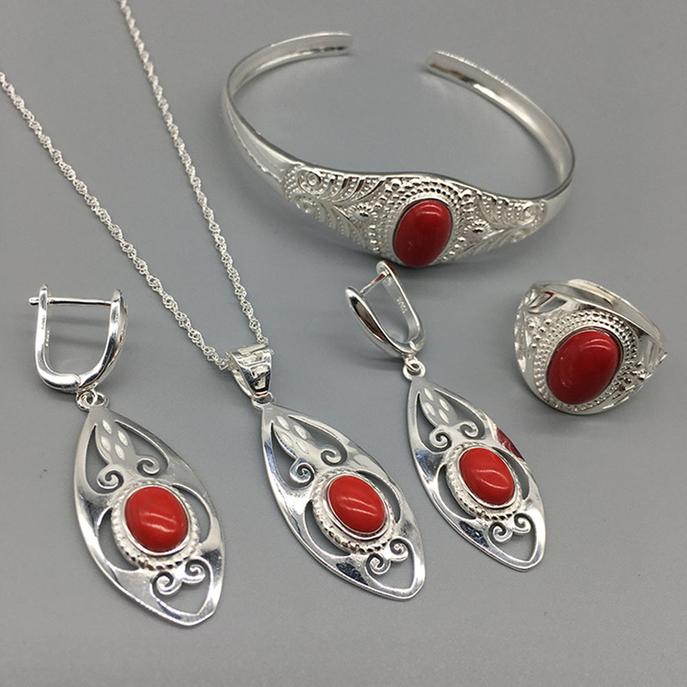 Ethnic Mongolian Silver Jewelry Set Bracelet Four Piece Set