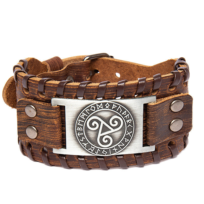 Nordic Talisman Wide Leather Bracelet Viking Solomon Totem Alloy Top Layer Leather Bracelet