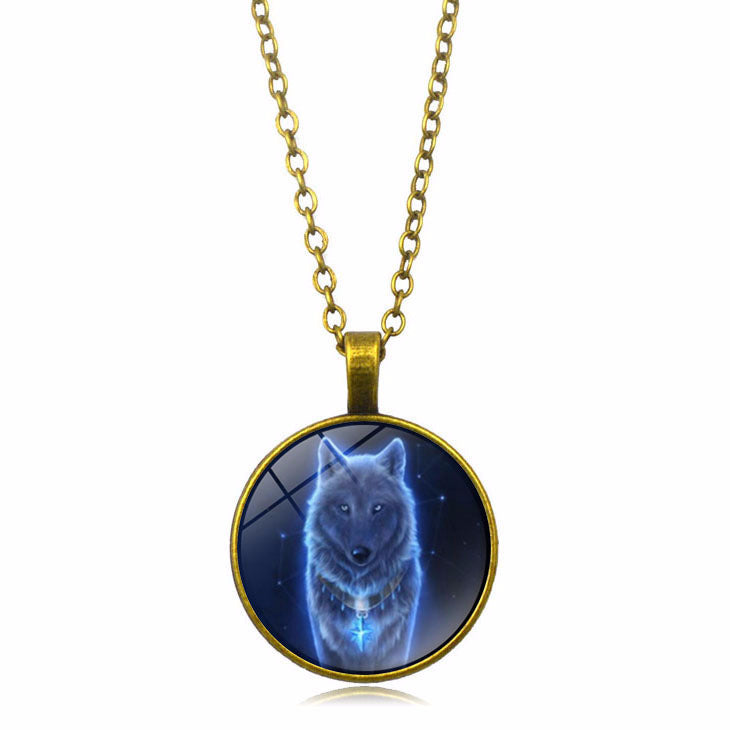 New Accessories Wolf Head Time Gem Cabochon Necklace European And American Vintage Sweater Chain Pendant Ornaments